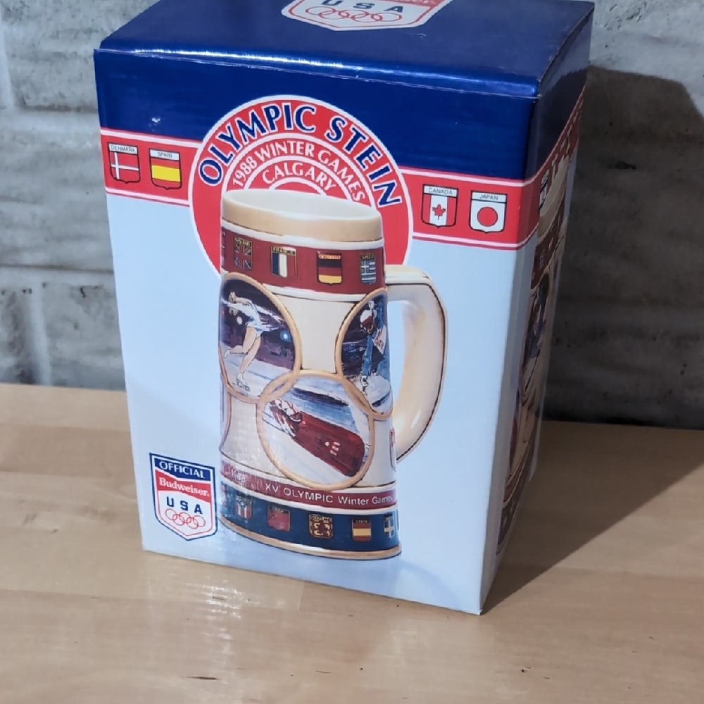 Olympic Stein 1988 Calgary Beer Mug - Decorative Collectible (Blue, Red, White)